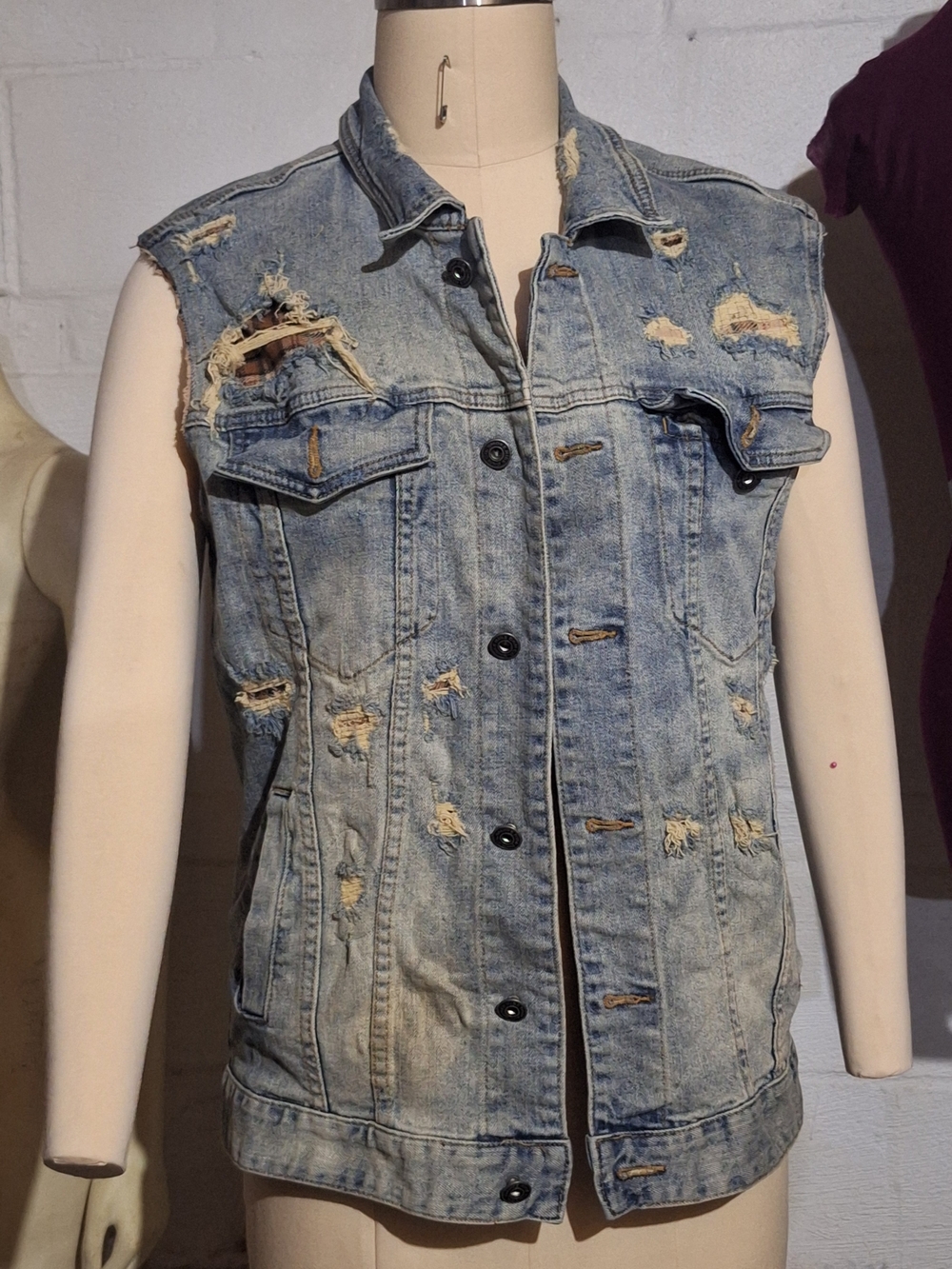 Light Wash Distressed Denim Vest - Sleeveless Jacket